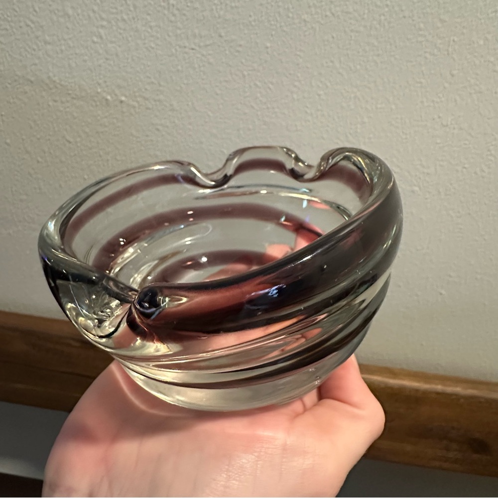 Blown Glass Swirled Amethyst & Clear Abstract Ashtray Bowl